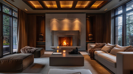 Fototapeta premium A living room with a fireplace and a couch