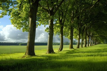 Serene tree-lined avenue in a lush green park. Sunlight filters through the leafy canopy, casting dappled shadows on the grassy path. The peaceful scene evokes a sense of tranquility and natural beaut