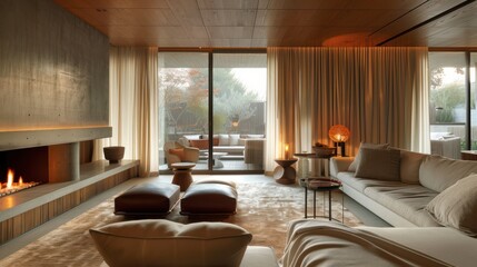 A living room with a fireplace and a large window