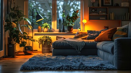 A cozy living room with a couch, a rug, and several potted plants