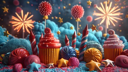 3D render of pop art fireworks and American symbols for Independence Day, hyper-realistic illustrations.