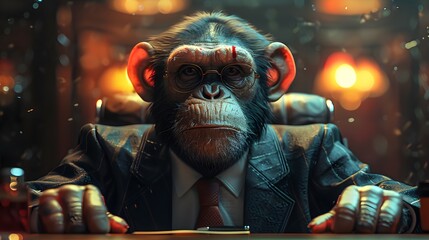 8K comic illustration of a monkey in a suit at a corporate meeting.