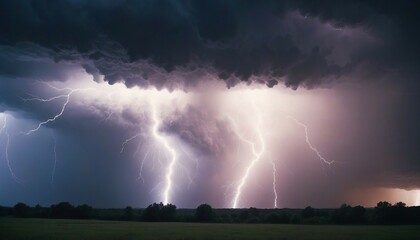 The moment violent lightning strikes in the sky during thunderstorms