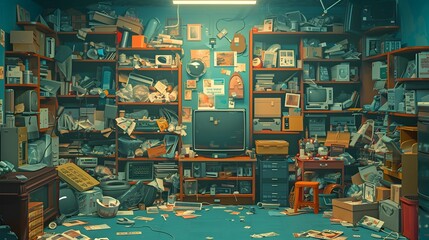 Vibrant pop art illustration of a hoarder amid heaps of clutter in a chaotic room.