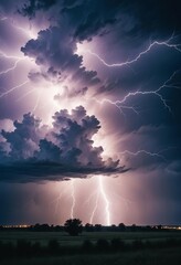 The moment violent lightning strikes in the sky during thunderstorms