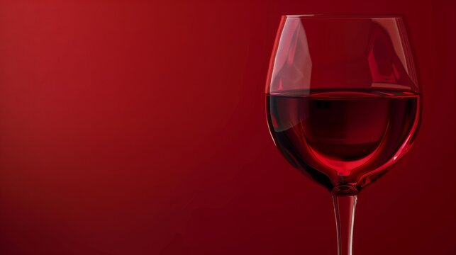 Red wine glass on a red background, close-up. Elegance and sophistication concept