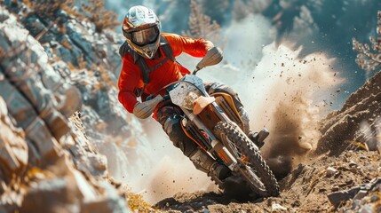 A man is riding a dirt bike down a rocky hill