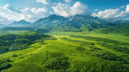 Obraz premium A large, lush green field with mountains in the background