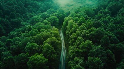 A road runs through a lush green forest