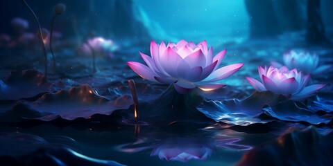 Naklejka premium Magic lotuses bloom in the mystical lake at night