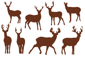 silhouette of a crowd of deer walking in a pine forest. a group of animals in the forest with a tree background. vector flat illustration