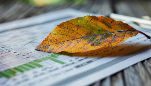 Autumn Leaf on Financial Report Symbol of Seasonal Change and Economic Insights on a Rustic Wooden Surface Capturing Nature, Finance, and Time in a Powerful Image - Powered by Adobe