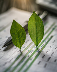 Eco Friendly Business Planning and Sustainability Efforts Through Leaf Symbolism on Financial Documents With Pen