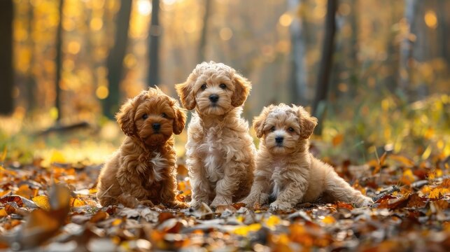 Curly haired cavapoo puppies posing in forest Family portrait of mixed breed puppies