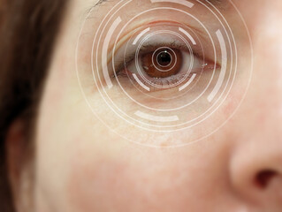 Close-up of eye scan with guides and templates for computerized eye testing. Vision checkup process...