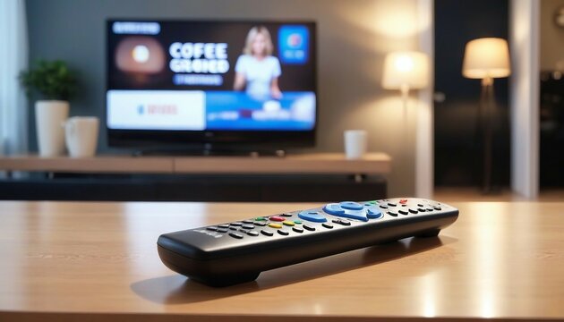 the remote control on the coffee table in the living room, the TV blurred in the background