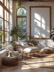 Mockup of a modern minimalist white background frame displayed in a bright airy Scandinavian style sunroom interior with natural light streaming in creating a serene and tranquil atmosphere
