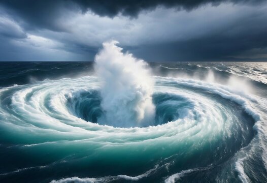 A deep whirlpool in the ocean during a storm.