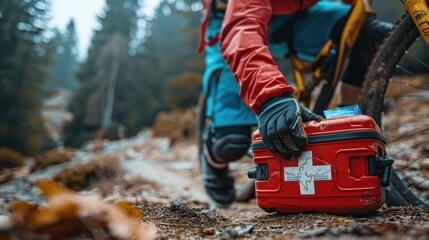 Fototapeta premium A person is holding a red first aid kit on a dirt road