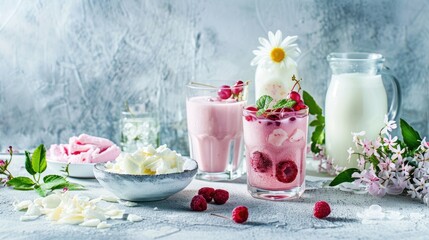 Homemade fermented dairy drinks presentation with probiotics on a light background Trendy food and drink display