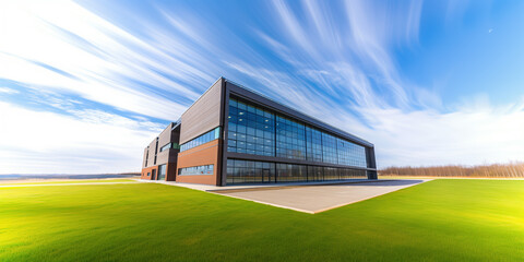 Obraz premium Contemporary Office Headquarters with Blue Sky Backdrop - Pristine New Construction