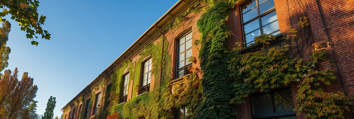 Naklejka premium Rustic Brick Office Building with Ivy-Covered Walls Against Golden Sky, New Construction Concept