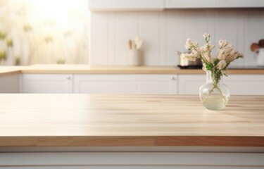 Wooden podium to present products with window and flat background in a kitchen. Mockup for branding, packaging