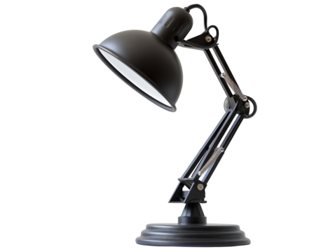 A black lamp with a white shade is turned off