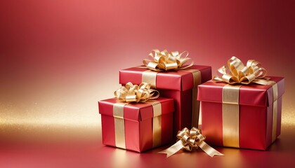 Fototapeta premium gold-plated gift packages with red ribbons, celebration concept
