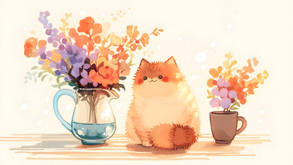 Cat between flowers