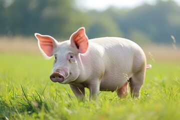 Fototapeta premium View from side body of a Dberkshire pig standing on grass, Awe-inspiring, Full body shot ::2 Side Angle View