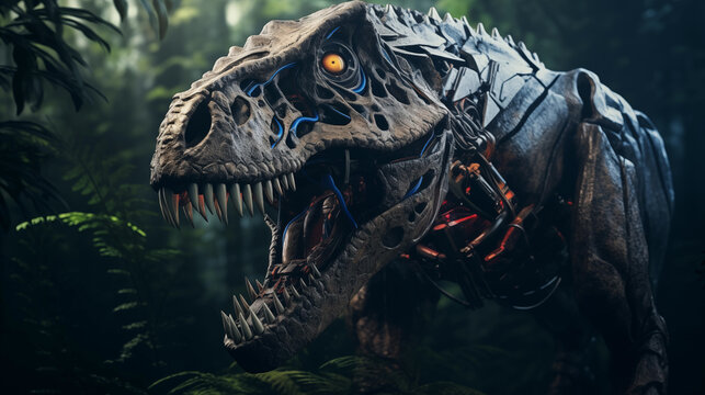 Hyper-Realistic Robotic Tyrannosaurus Rex in Futuristic Jungle