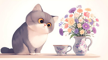 Fototapeta premium cat looks at the flower
