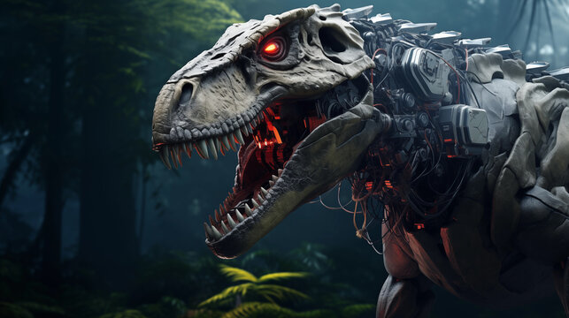 Hyper-Realistic Robotic Tyrannosaurus Rex in Futuristic Jungle