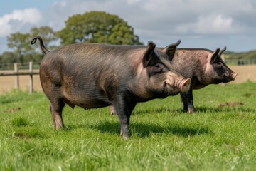 Fototapeta premium View from side body of a three Tamworth pig standing on grass, Awe-inspiring, Full body shot ::2 Side Angle View