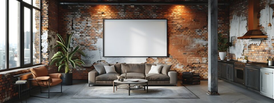 Mockup of a white background frame set against the backdrop of a modern industrial style kitchen featuring exposed brick walls dramatic lighting and a high contrast avant garde urban loft aesthetic
