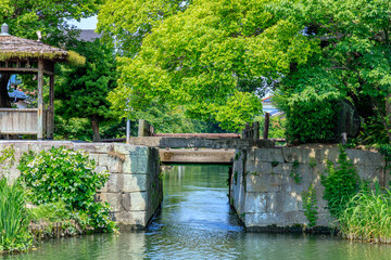 初夏の柳川城堀水門　福岡県柳川市　Yanagawa Castle Moat Water Gate in early summer. Fukuoka Pref, Yanagawa City.