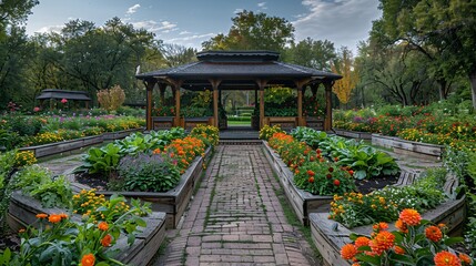 Fototapeta premium Raised garden beds with wooden gazebo