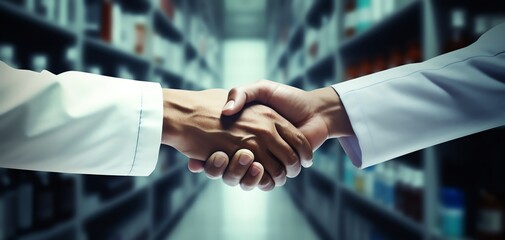 Two professionals in lab coats shake hands in a science lab, symbolizing partnership and cooperation in research and development.