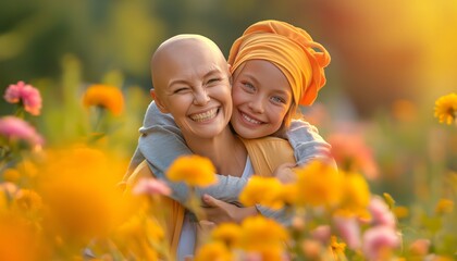 A cancer survivor mother with a post-chemotherapy bald head is hugged by her children in a sunny park
