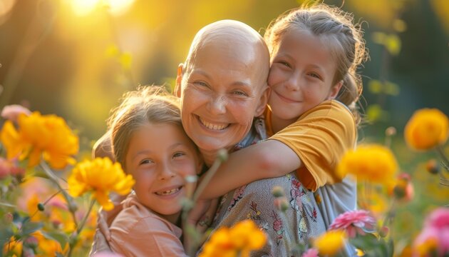 A cancer survivor mother with a post-chemotherapy bald head is hugged by her children in a sunny park
