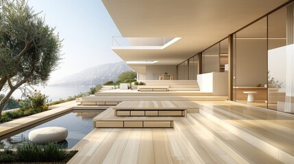 Fototapeta premium Modern architecture interior with luxury hallway with glossy wooden stairs in multi-storey house. Custom built pullout cabinets on glides in slots under stairs. Use of space 