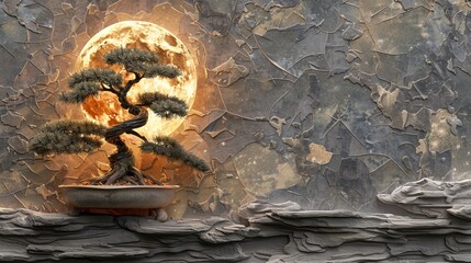 Ruby moon shining on a serene bonsai tree, distressed texture background, 3D mural, raw and intricate detail, calming effect