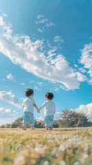 Naklejka premium Two Children Holding Hands Against a Backdrop of a Clear Blue Sky with Fluffy White Clouds