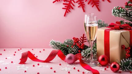 Beautiful holiday composition with Christmas present red ribbon champagne and two glasses on pink backdrop adorned with decorations Banner offers space for text