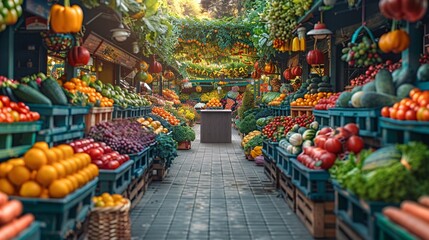 Fototapeta premium Colorful display of fresh fruits and vegetables at an outdoor market.