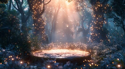 A mystical forest scene illuminated by magical lights with a stone podium in the center creating a magical and ethereal atmosphere perfect for fantasy and enchanted themes