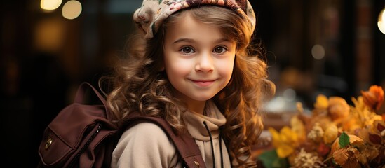 portrait of mother wearing bag Little girl preparing for school