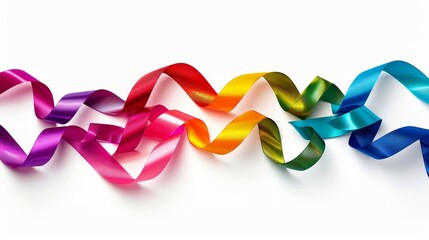 Different colorful ribbons, each one wrapped around the other to create a spiral pattern on a white background. Ribbons should have vibrant and bold hues such as reds, pinks, blues, greens, purples