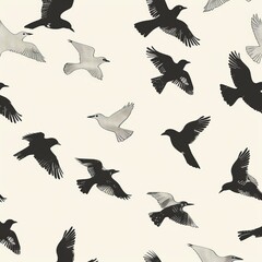 Obraz premium Design a repeating natural pattern with silhouettes of birds in flight. Use a two-tone color scheme with black and white. The pattern should be elegant and timeless, suitable for a variety of fabric